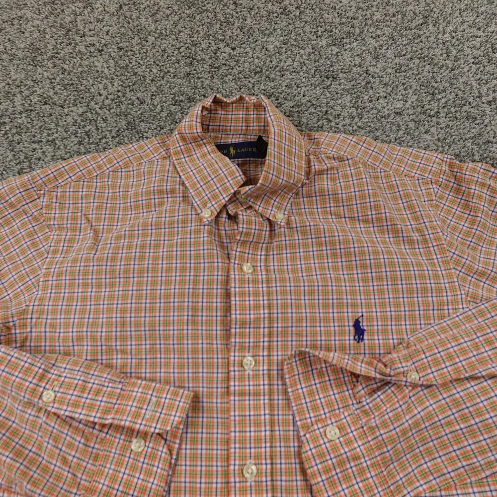 Ralph Lauren Shirt Mens S Orange Green Check Pony Button Up Long Sleeve Preppy‎
